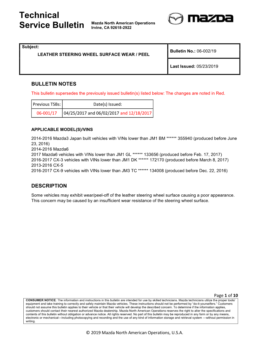 Technical Mazda North American Operations Service Bulletin Irvine, CA 92618-2922