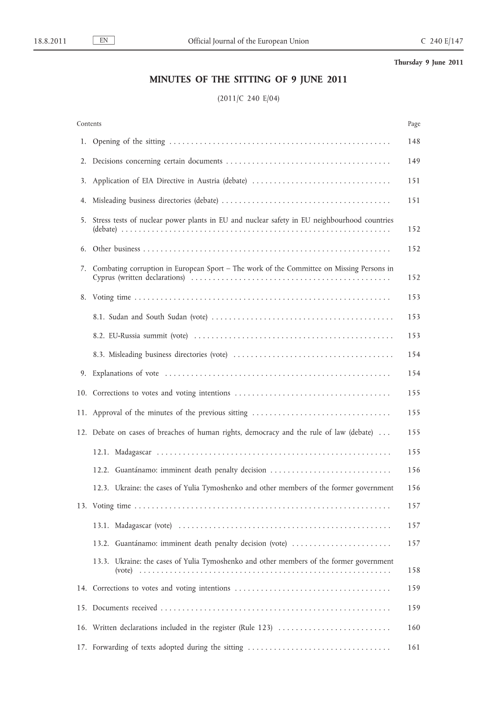 Minutes of the Sitting of 9 June 2011