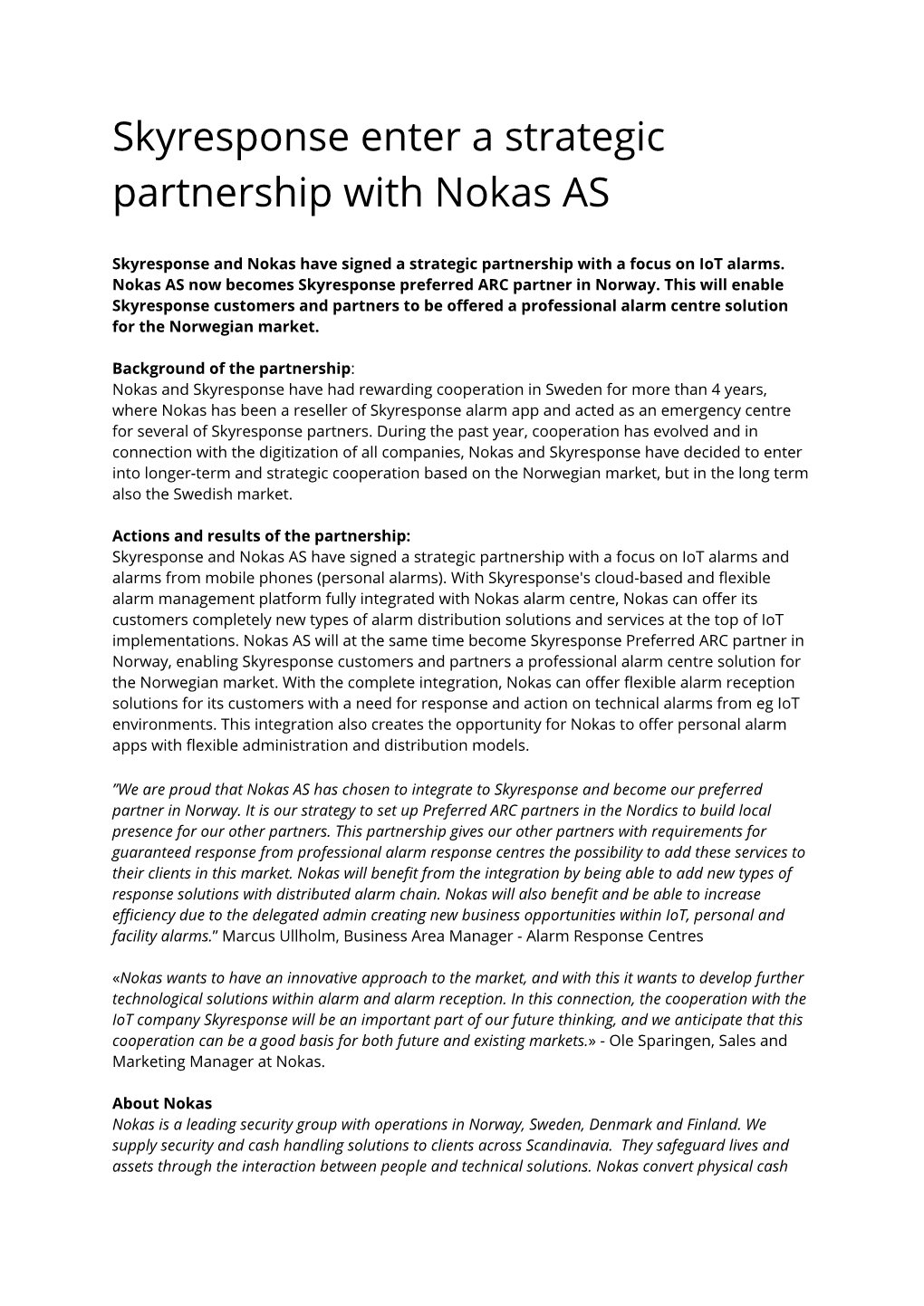 Skyresponse Enter a Strategic Partnership with Nokas AS