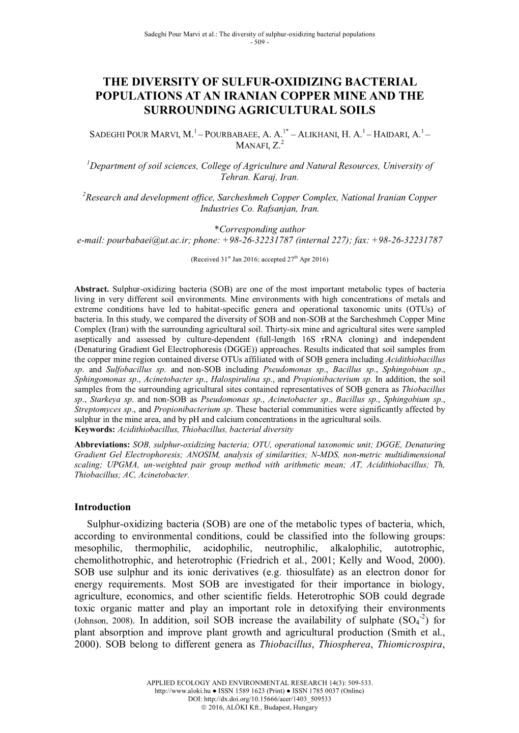 The Diversity of Sulfur-Oxidizing Bacterial Populations at an Iranian Copper Mine and the Surrounding Agricultural Soils