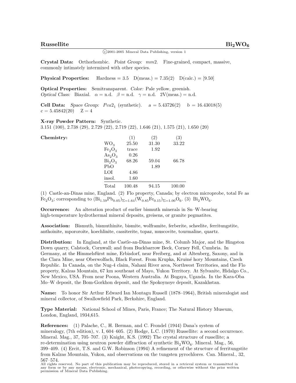 Russellite Bi2wo6 C 2001-2005 Mineral Data Publishing, Version 1