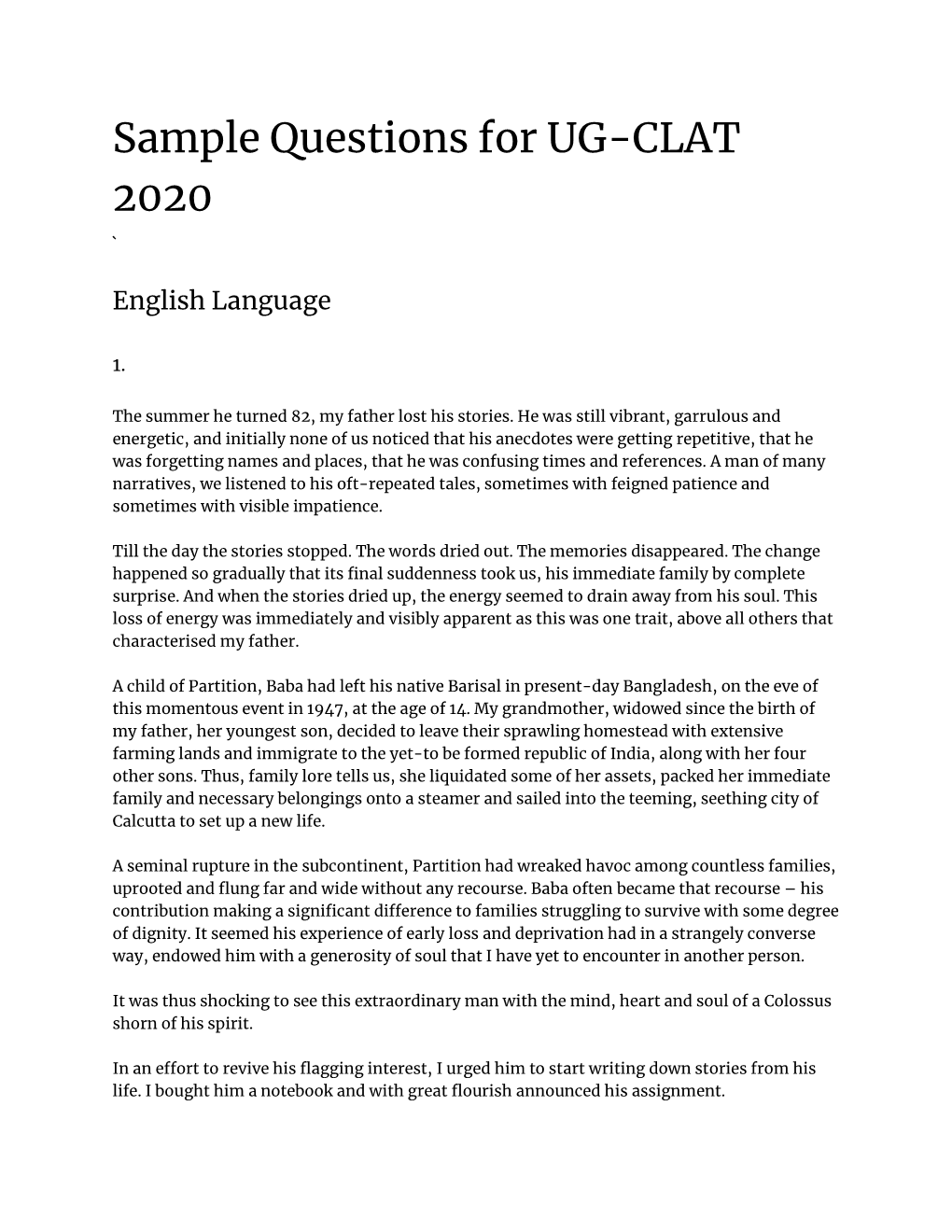 Sample Questions for UG-CLAT 2020