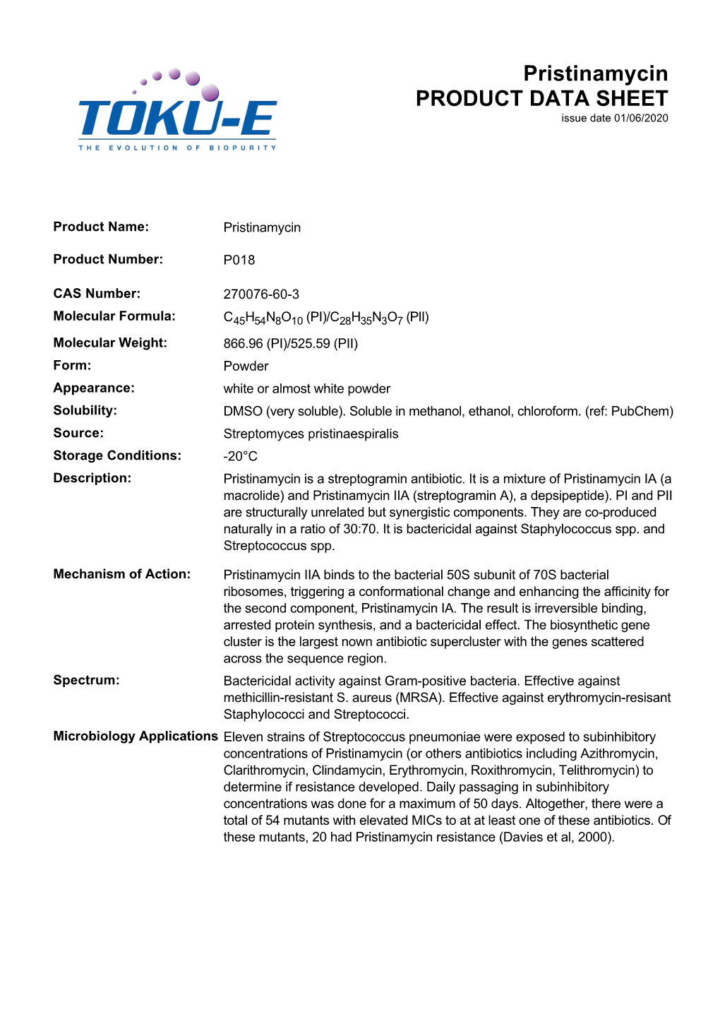 Pristinamycin PRODUCT DATA SHEET Issue Date 01/06/2020