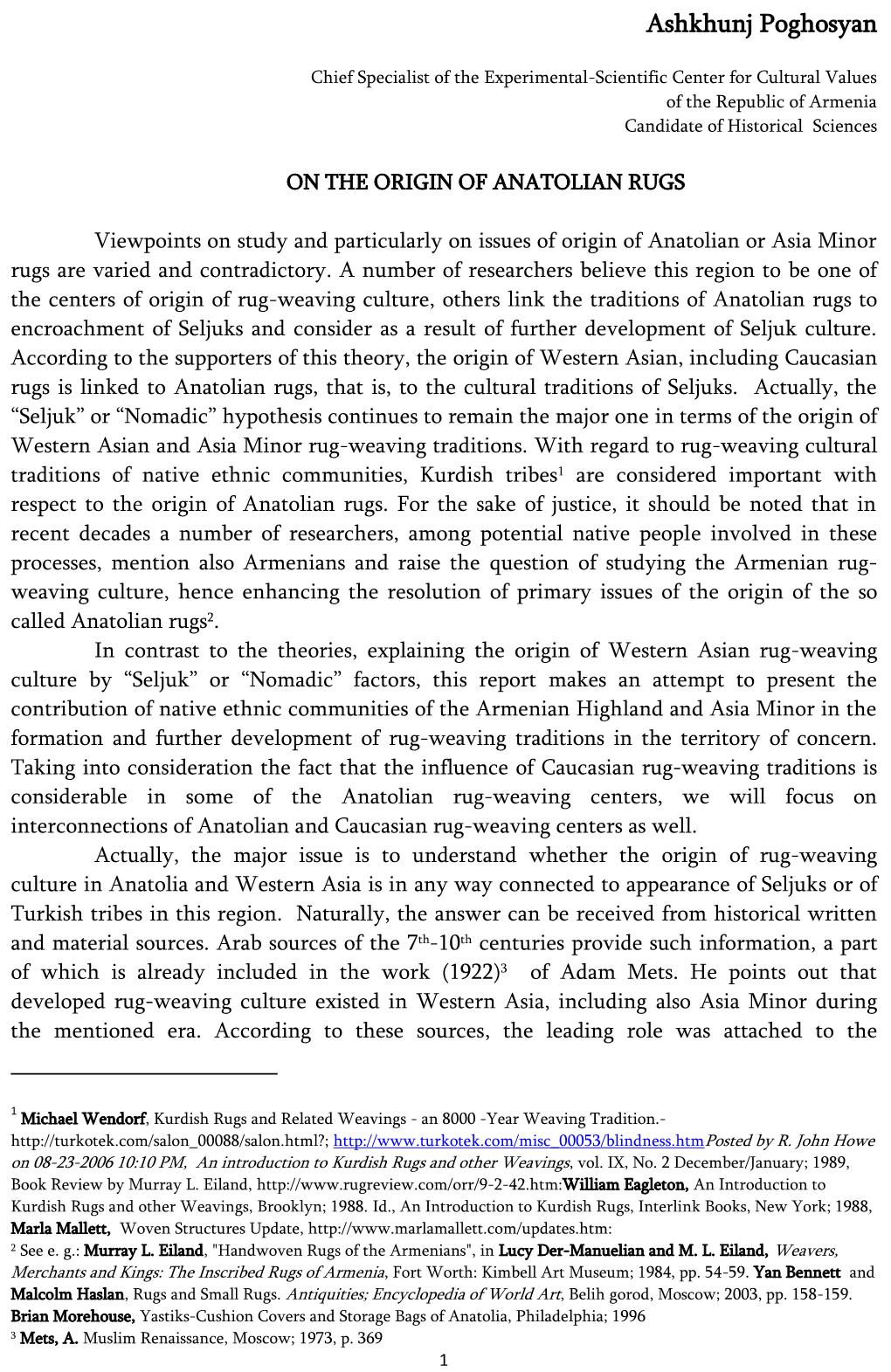 Origin of Anatolian Rugs