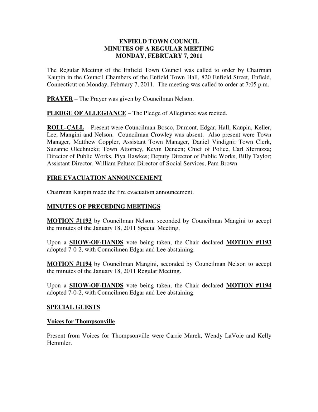 Enfield Town Council Minutes of a Regular Meeting Monday, February 7, 2011