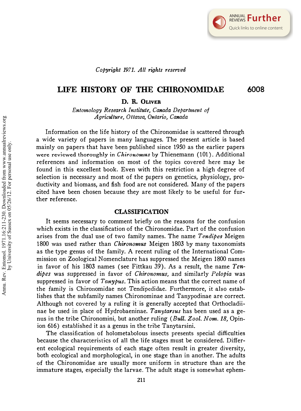 Life History of the Chironomidae Is Scattered Through a Wide Variety of Papers in Many Languages