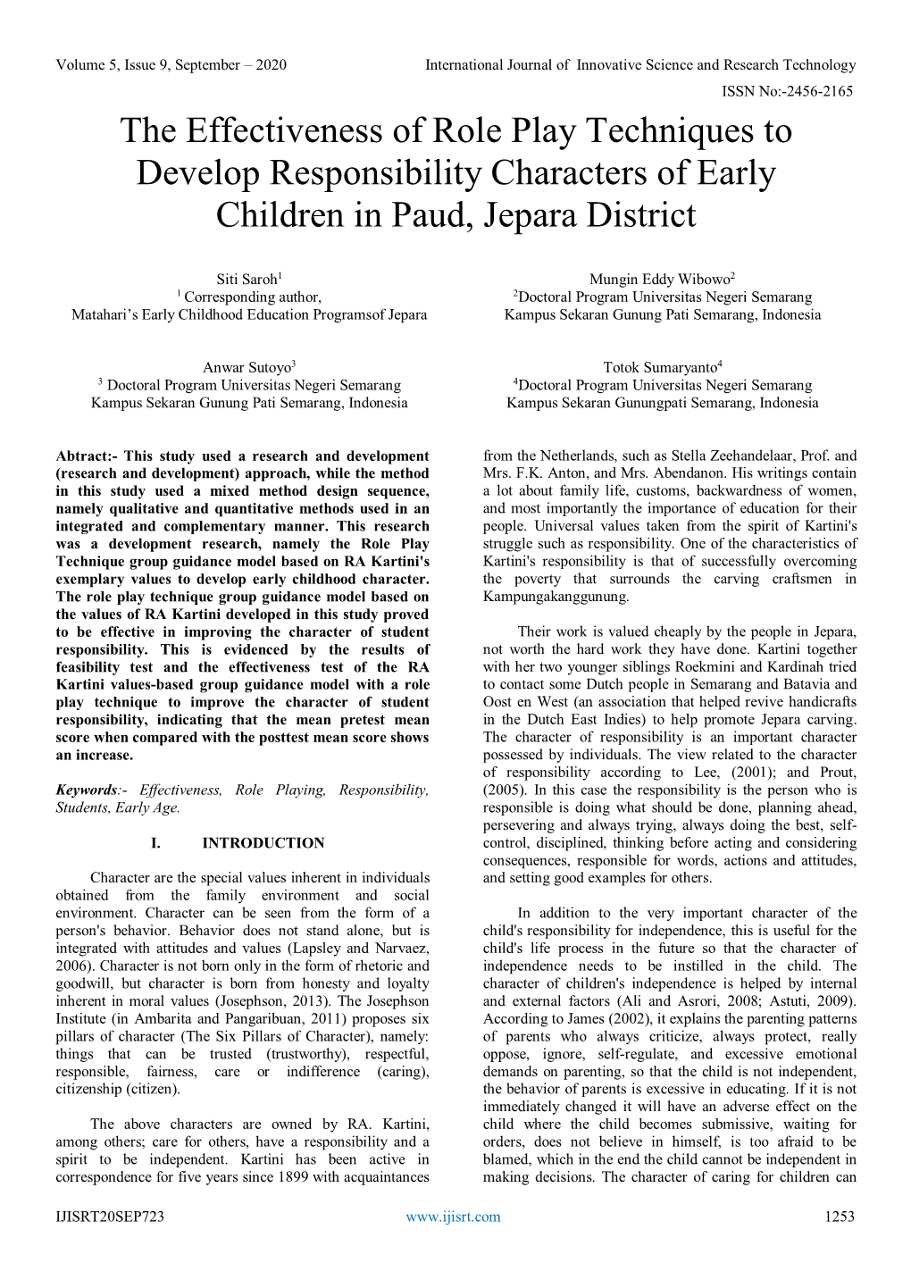 The Effectiveness of Role Play Techniques to Develop Responsibility Characters of Early Children in Paud, Jepara District
