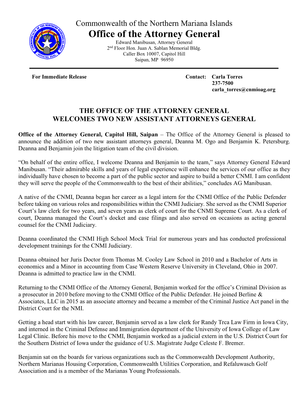 Commonwealth of the Northern Mariana Islands Office of the Attorney General Edward Manibusan, Attorney General 2Nd Floor Hon