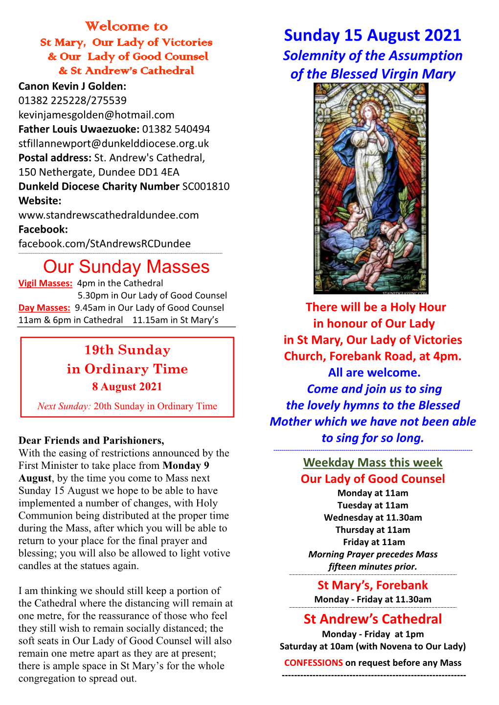 Our Sunday Masses Sunday 15 August 2021