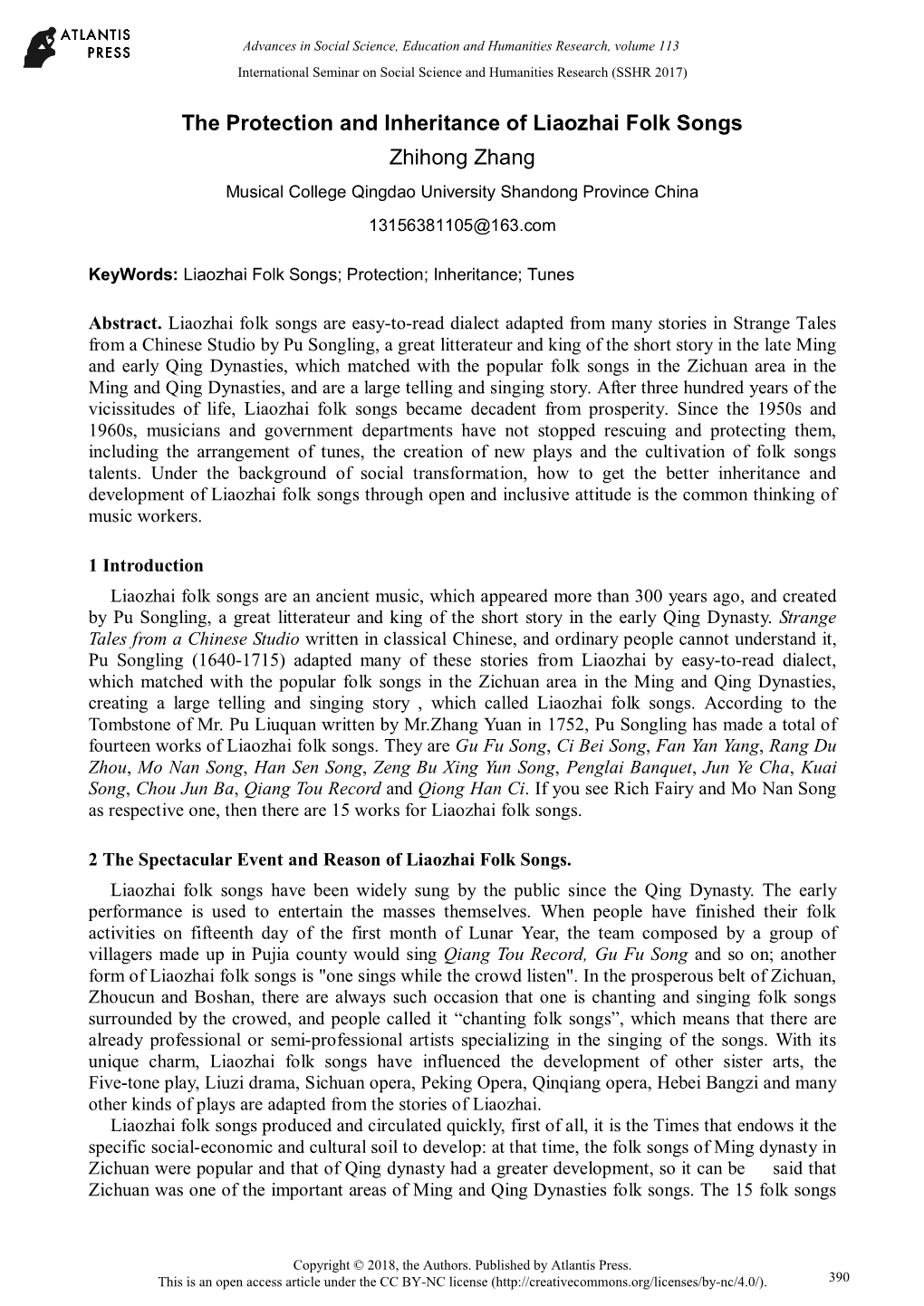 The Protection and Inheritance of Liaozhai Folk Songs Zhihong Zhang Musical College Qingdao University Shandong Province China 13156381105@163.Com