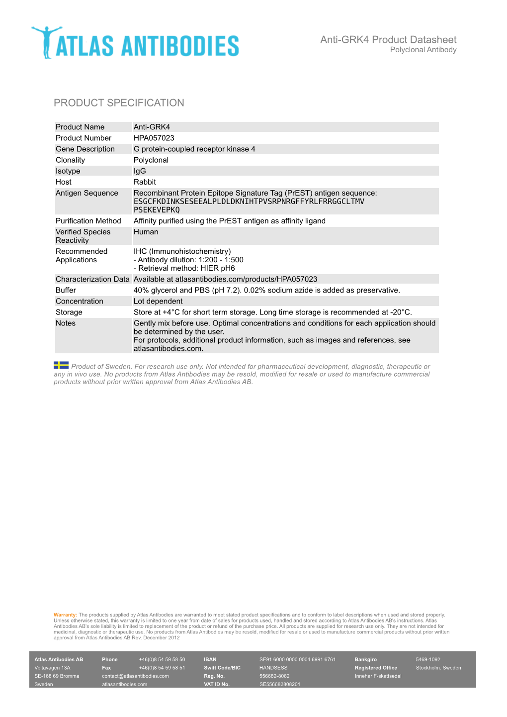 PRODUCT SPECIFICATION Anti-GRK4 Product Datasheet