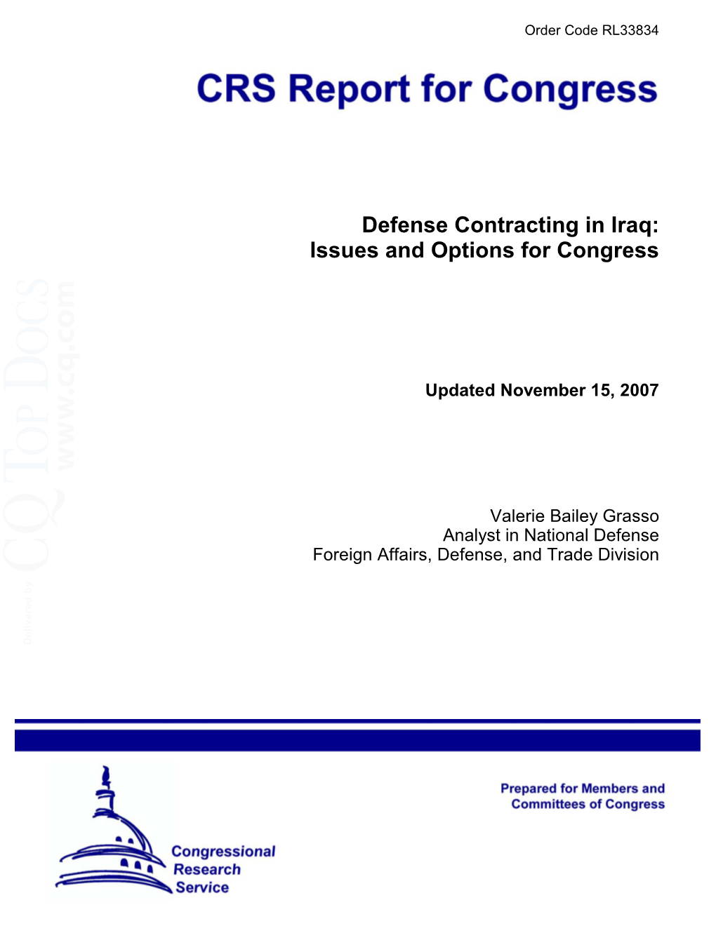 Defense Contracting in Iraq: Issues and Options for Congress OCS