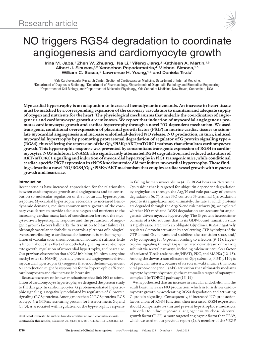 NO Triggers RGS4 Degradation to Coordinate Angiogenesis and Cardiomyocyte Growth Irina M