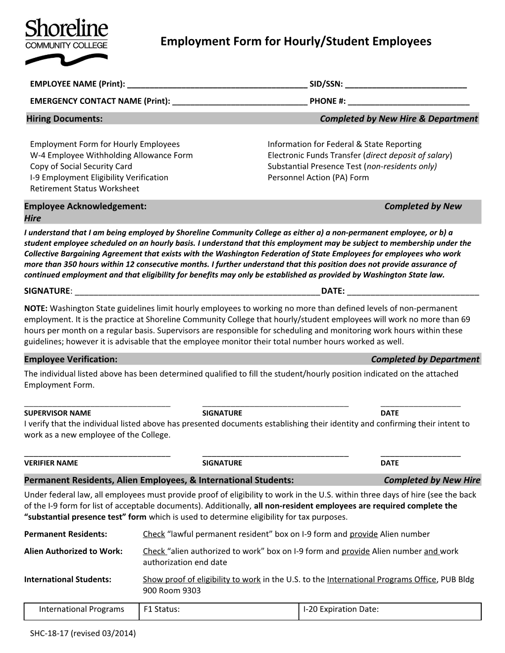 Employment Form for Hourly/Student Employees