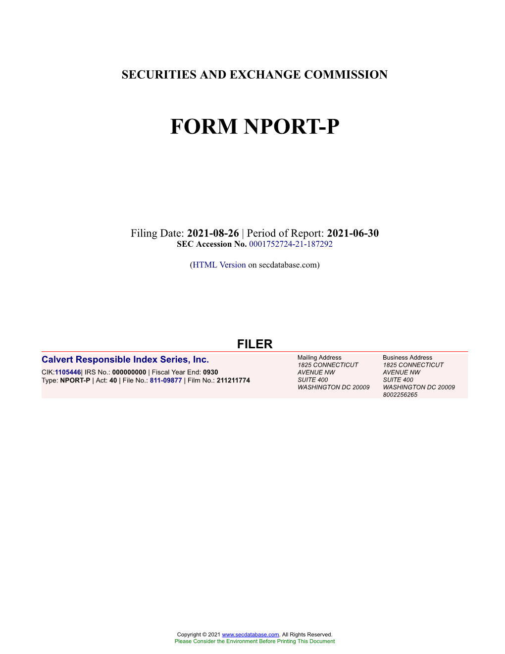 Calvert Responsible Index Series, Inc. Form NPORT-P Filed 2021-08-26