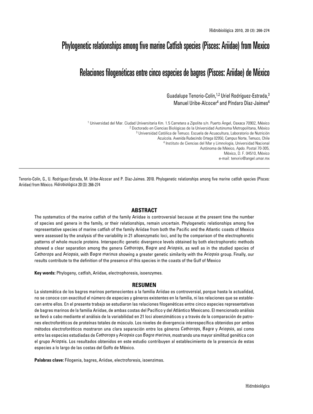 Phylogenetic Relationships Among Five Marine Catfish Species (Pisces: Ariidae) from Mexico