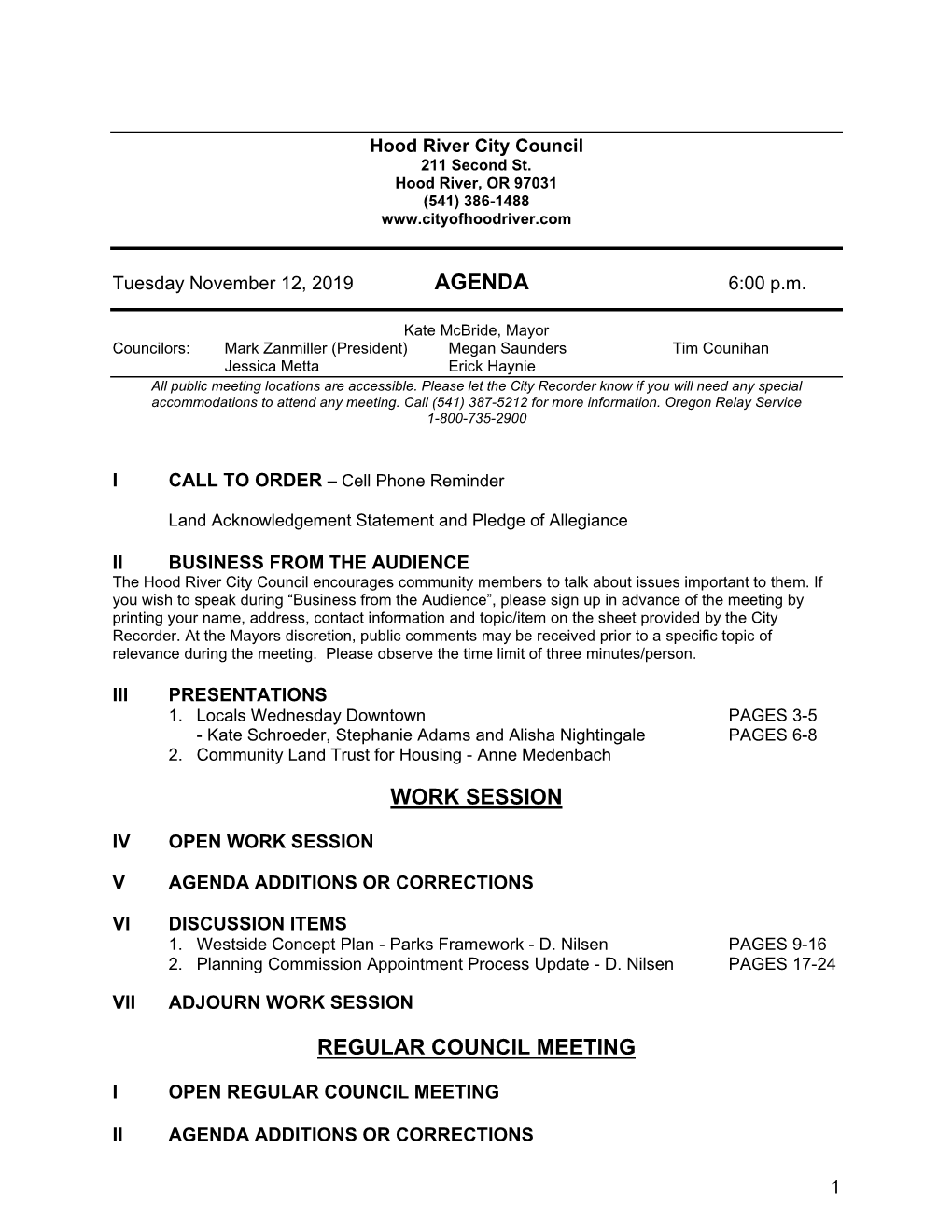 Agenda Work Session Regular Council Meeting