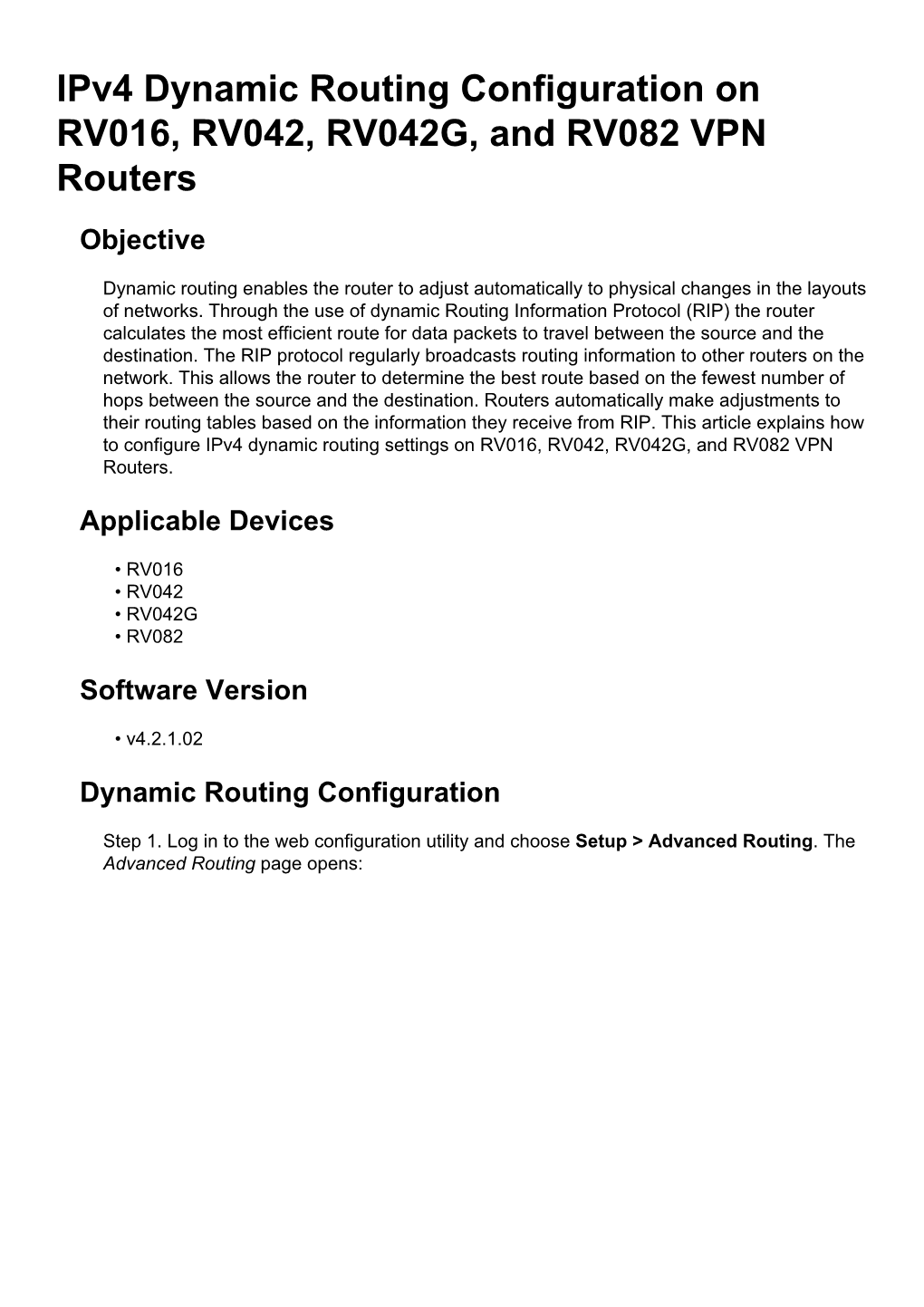 Ipv4 Dynamic Routing Configuration on RV016, RV042, RV042G, and RV082 VPN Routers