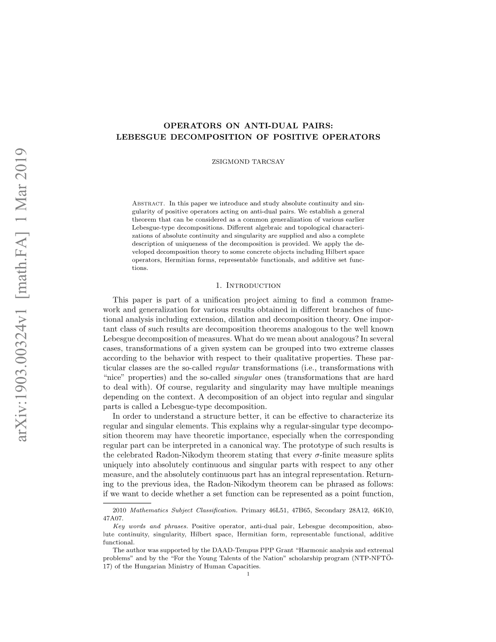 Operators on Anti-Dual Pairs: Lebesgue Decomposition of Positive Operators