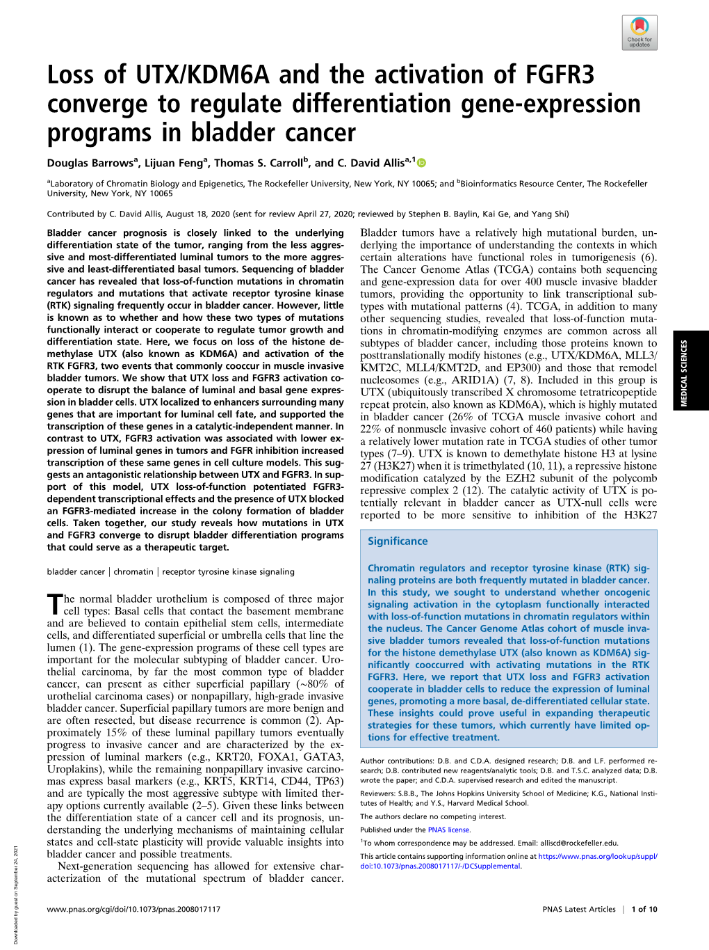 Loss of UTX/KDM6A and the Activation of FGFR3 Converge to Regulate Differentiation Gene-Expression Programs in Bladder Cancer