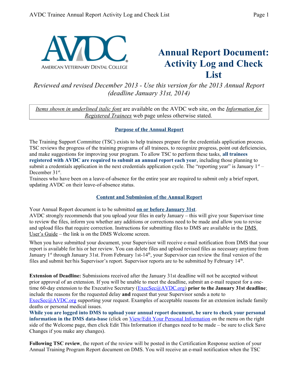 AVDC Trainee Annual Report Activity Log and Check List