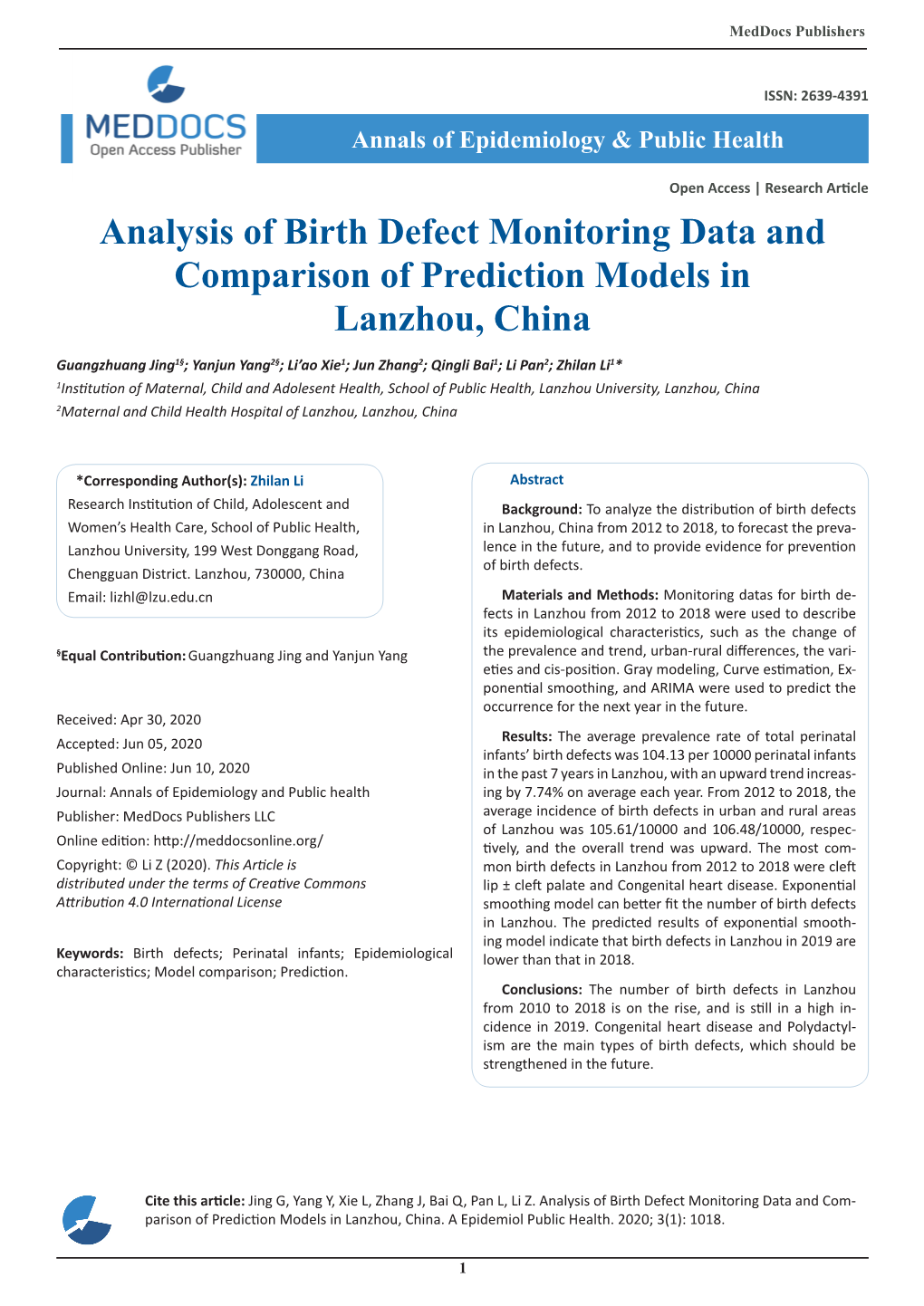 Analysis of Birth Defect Monitoring Data and Comparison of Prediction Models in Lanzhou, China