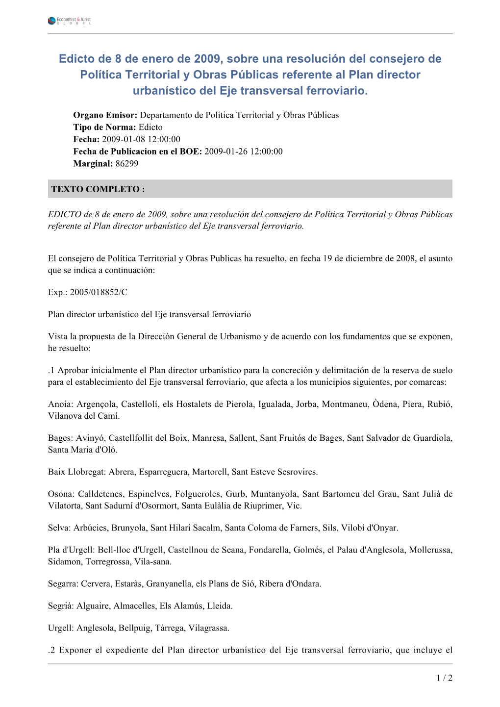 Edicto De 8 De Enero De 2009, Sobre Una Resolución Del Consejero De