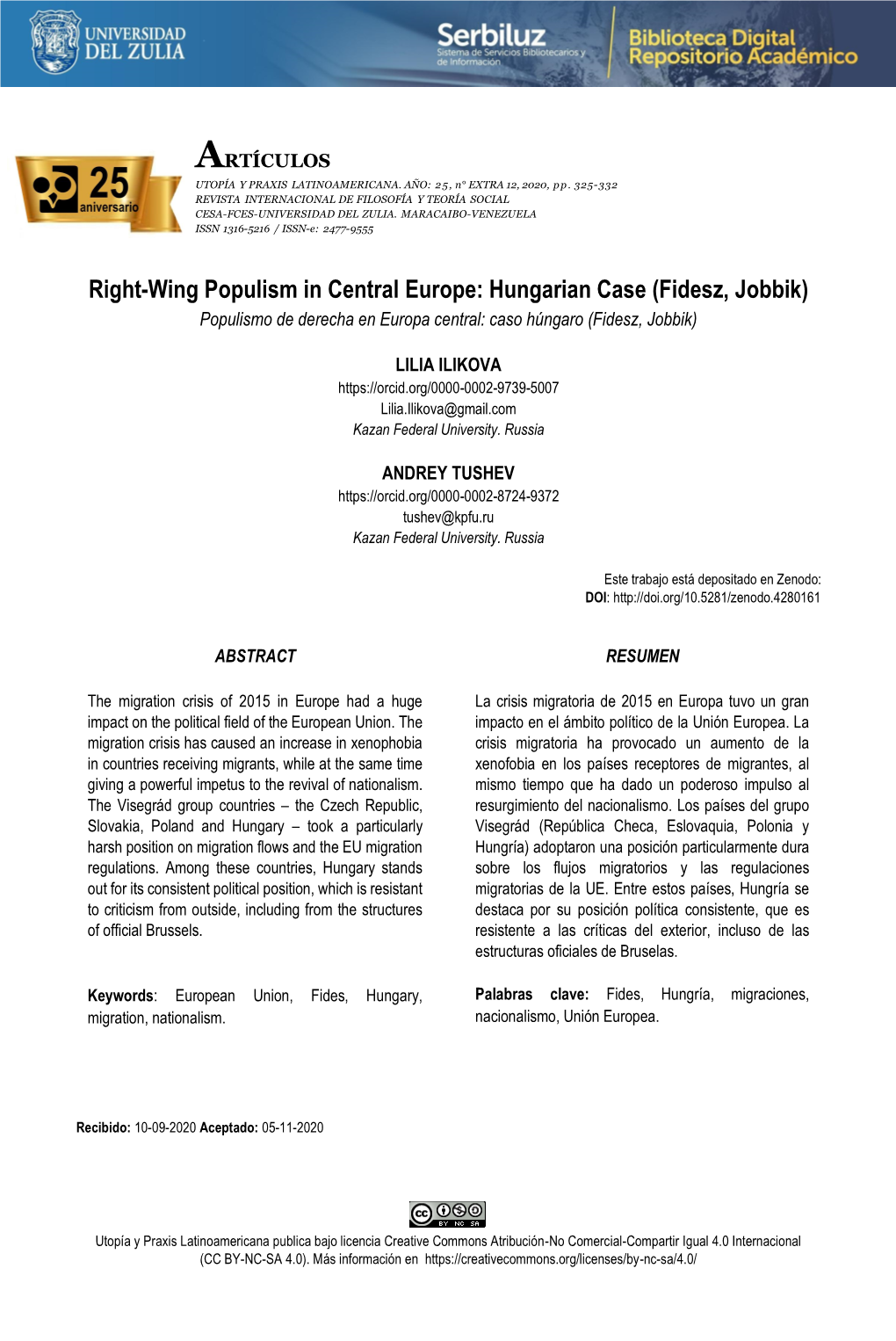 Right-Wing Populism in Central Europe: Hungarian Case (Fidesz, Jobbik) Populismo De Derecha En Europa Central: Caso Húngaro (Fidesz, Jobbik)