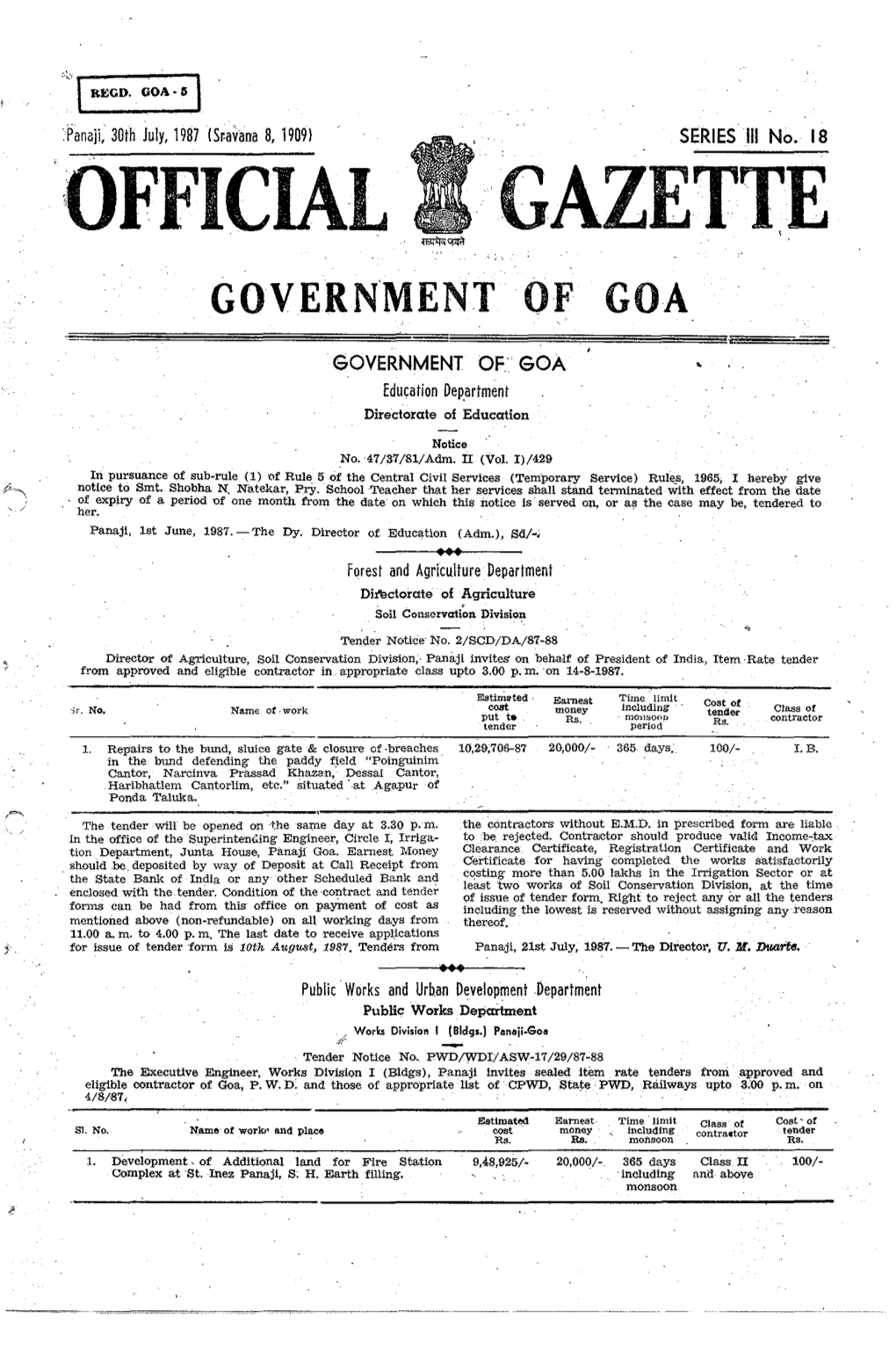 Official Gazette, Govern'ment of Goa