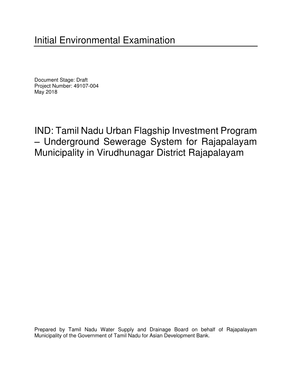 Underground Sewerage System for Rajapalayam Municipality in Virudhunagar District Rajapalayam