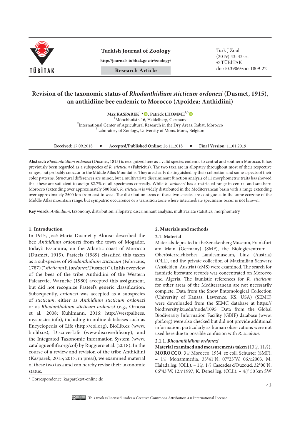 Revision of the Taxonomic Status of Rhodanthidium Sticticum Ordonezi (Dusmet, 1915), an Anthidiine Bee Endemic to Morocco (Apoidea: Anthidiini)