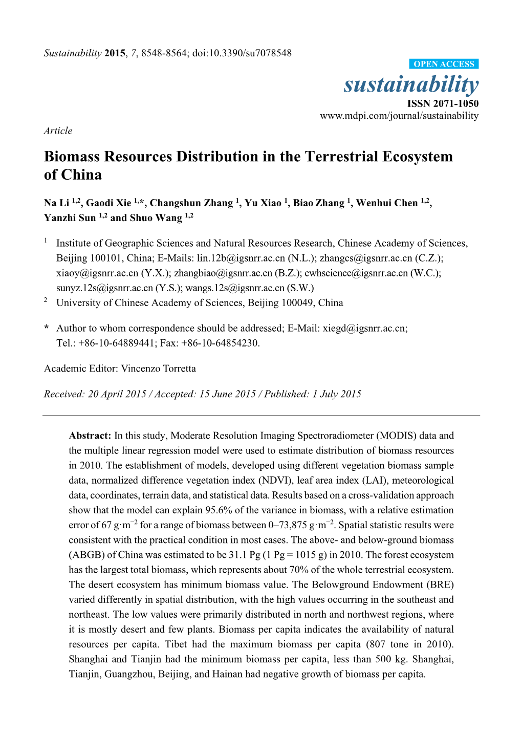 Biomass Resources Distribution in the Terrestrial Ecosystem of China