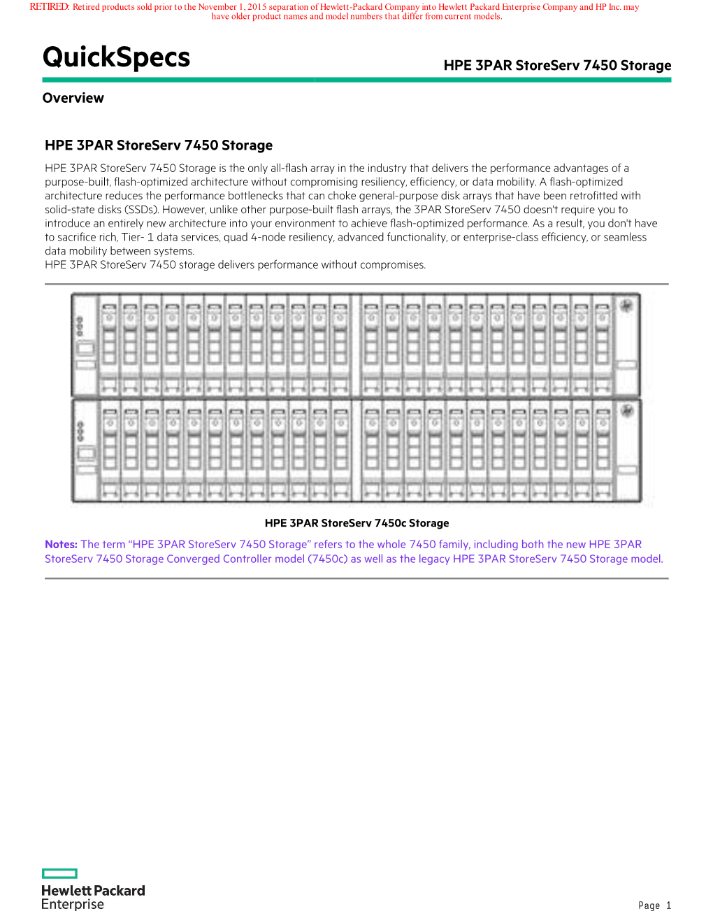 Quickspecs HPE 3PAR Storeserv 7450 Storage Overview