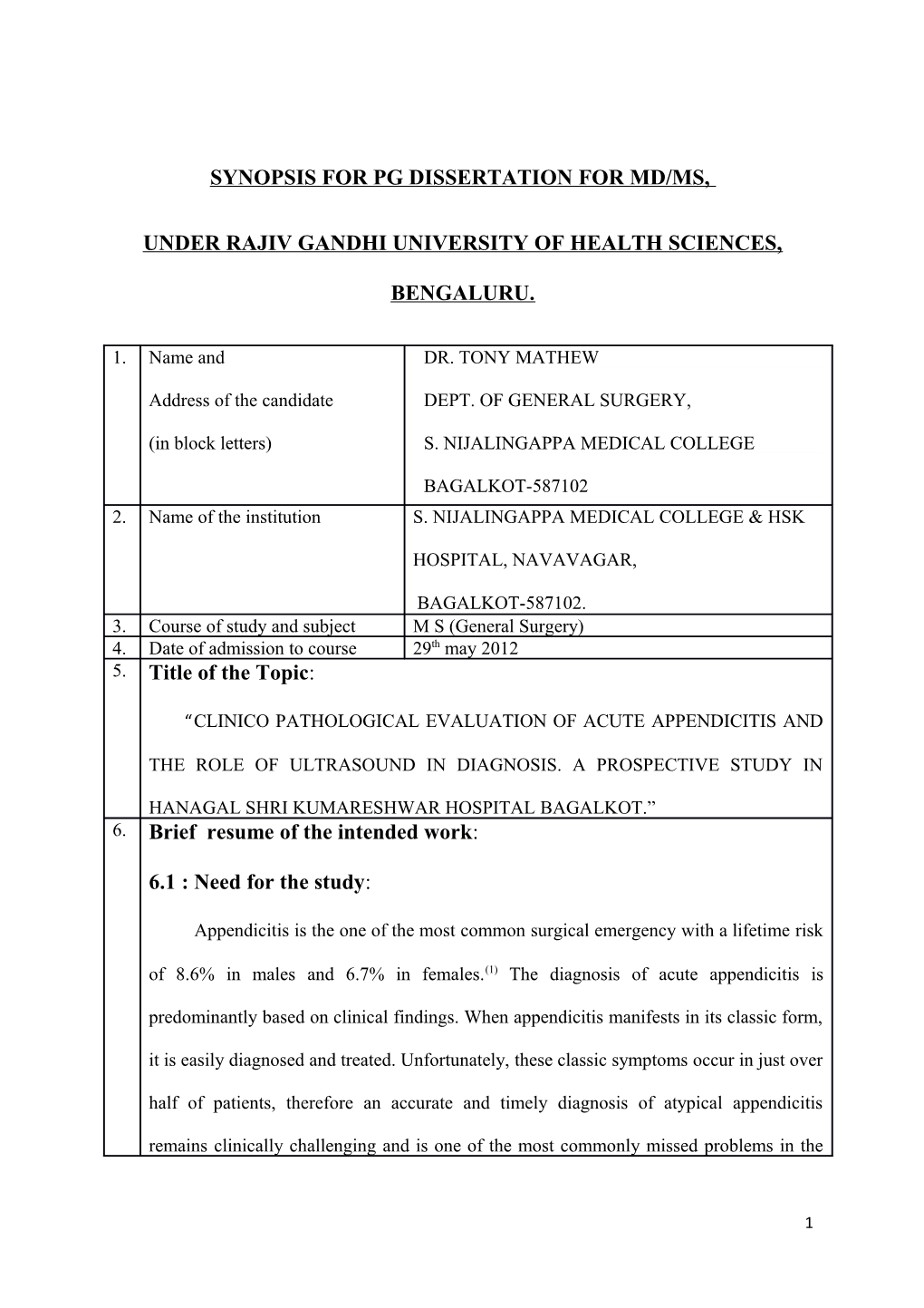 Synopsis for PG DISSERTATION for MD/MS s1