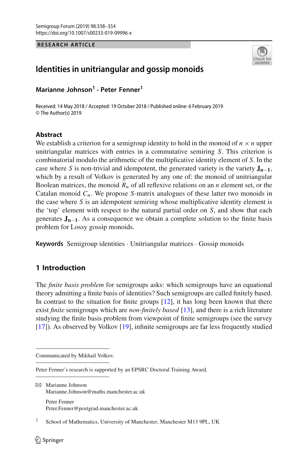 Identities in Unitriangular and Gossip Monoids