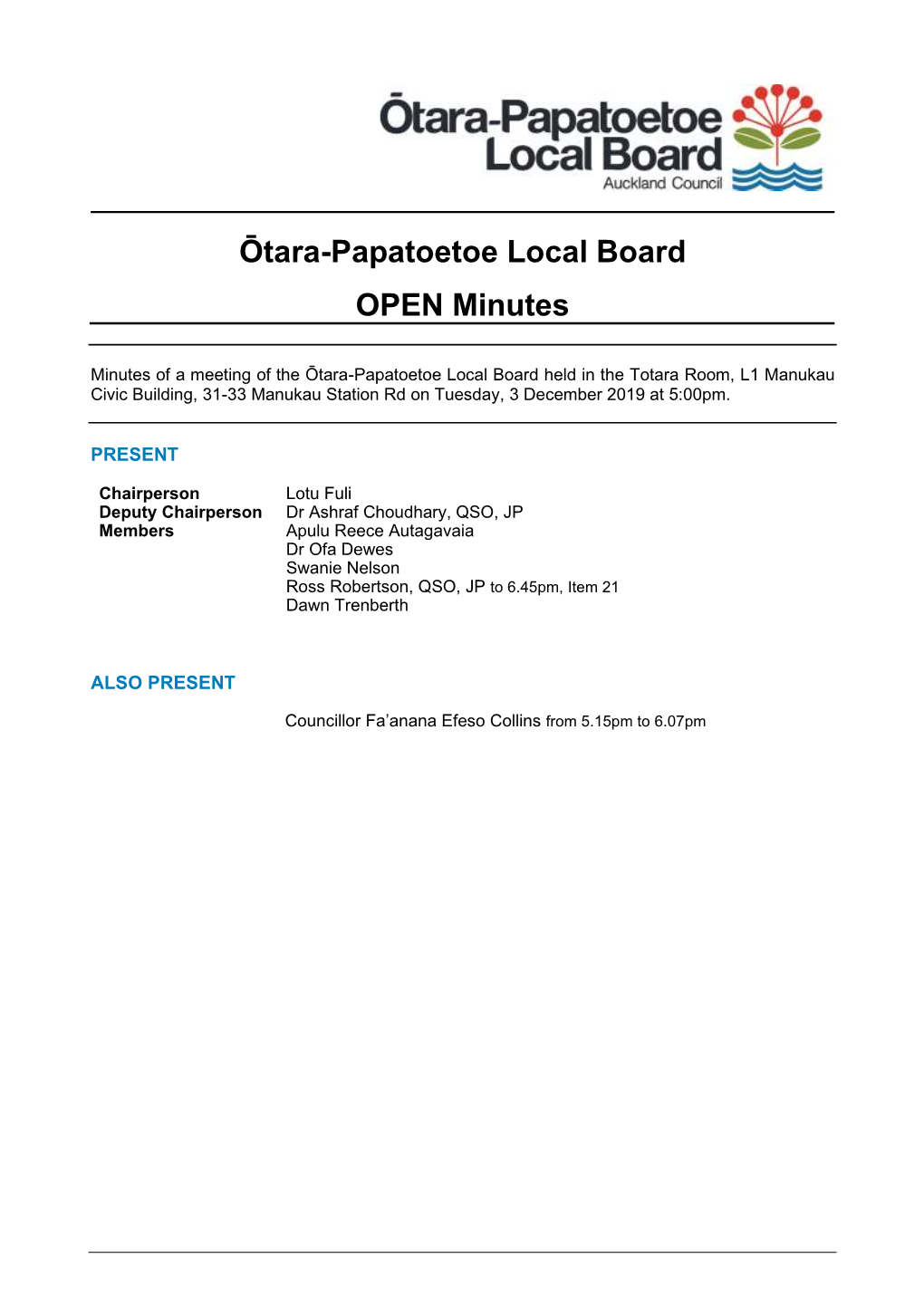 Minutes of Ōtara-Papatoetoe Local Board