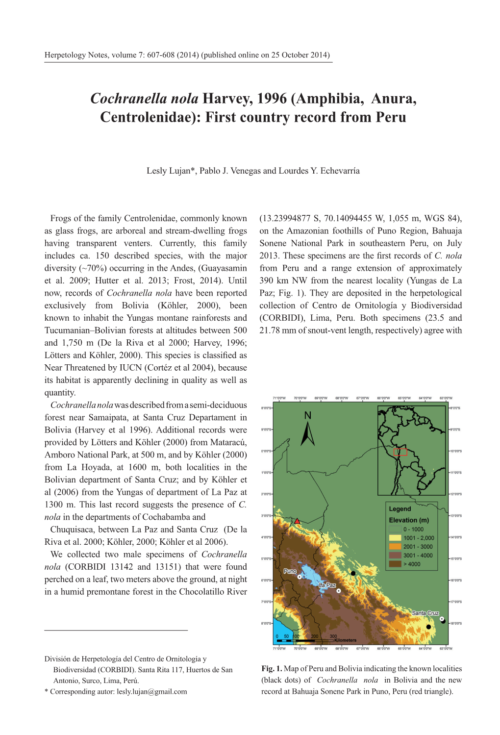 Cochranella Nola Harvey, 1996 (Amphibia, Anura, Centrolenidae): First Country Record from Peru