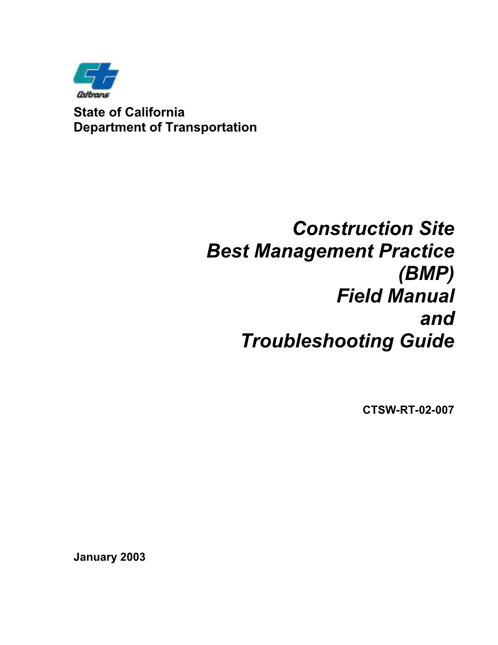 Construction Site Best Management Practice (BMP) Field Manual and Troubleshooting Guide