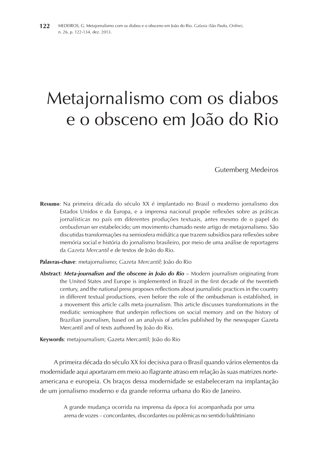 Metajornalismo Com Os Diabos E O Obsceno Em João Do Rio