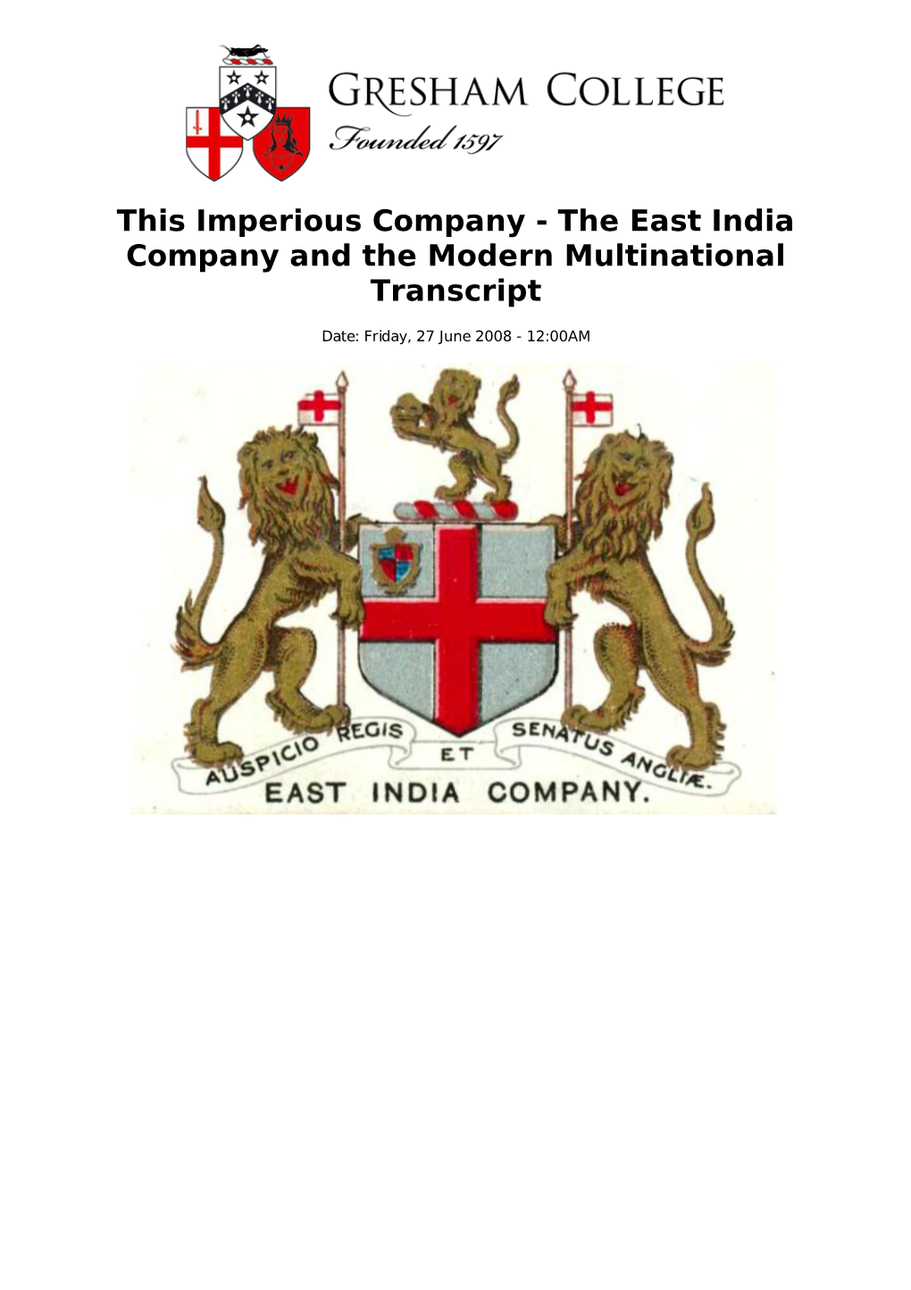 The East India Company and the Modern Multinational Transcript