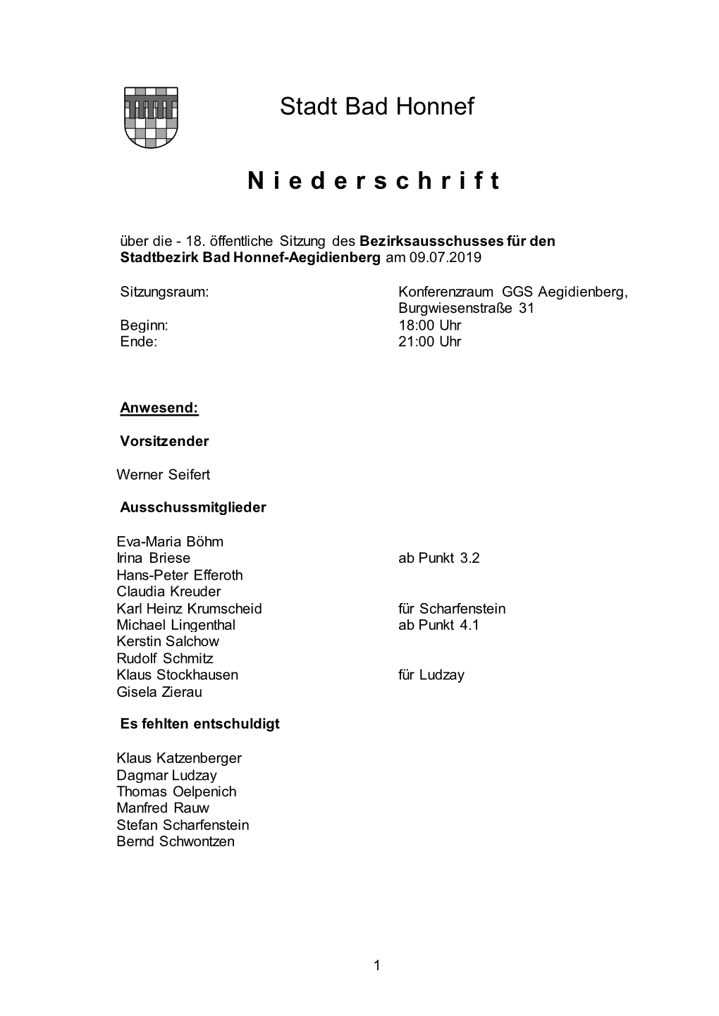 Sitzung Des Bezirksausschusses Für Den Stadtbezirk Bad Honnef-Aegidienberg Am 09.07.2019