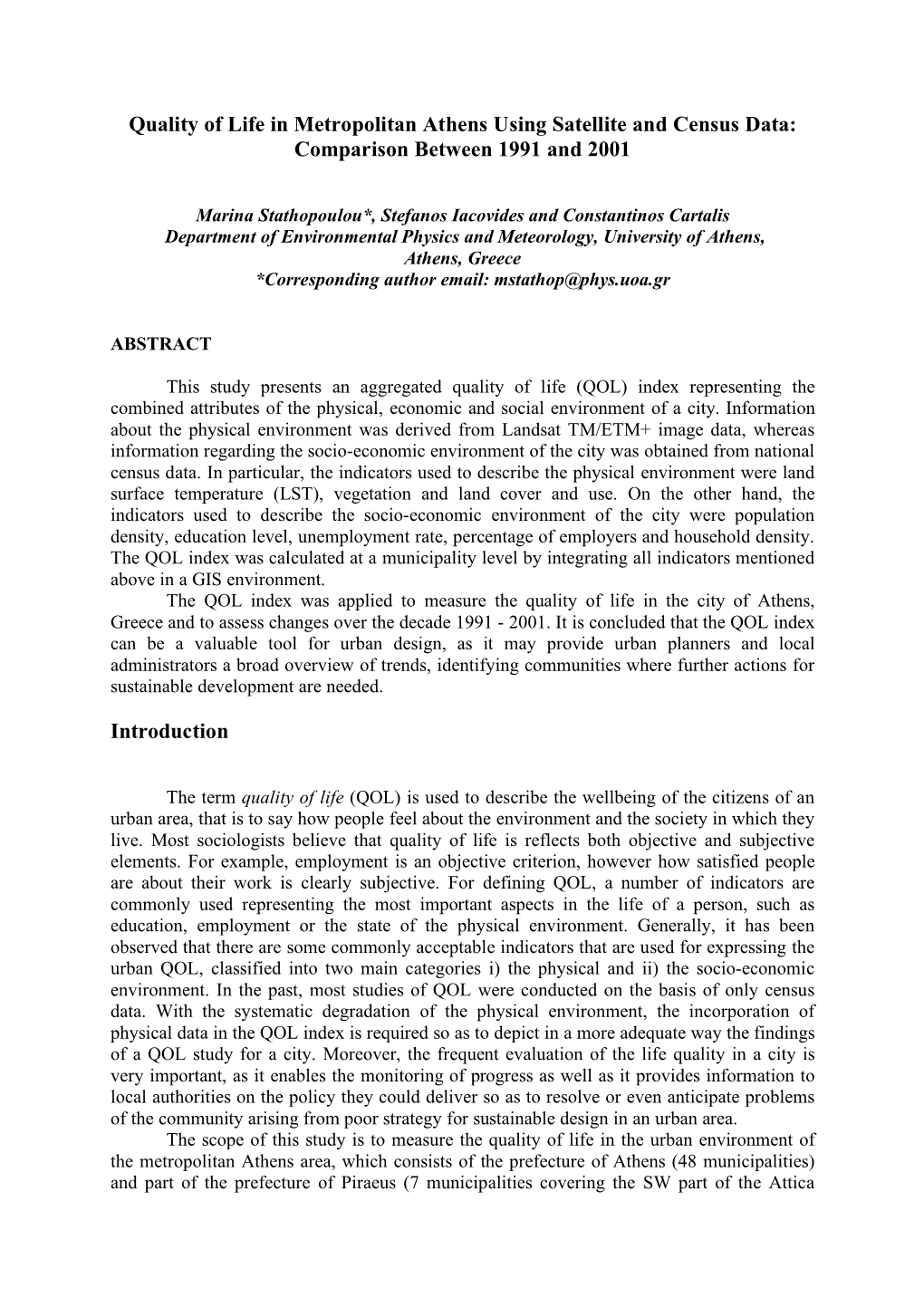 Quality of Life in Metropolitan Athens Using Satellite and Census Data: Comparison Between 1991 and 2001