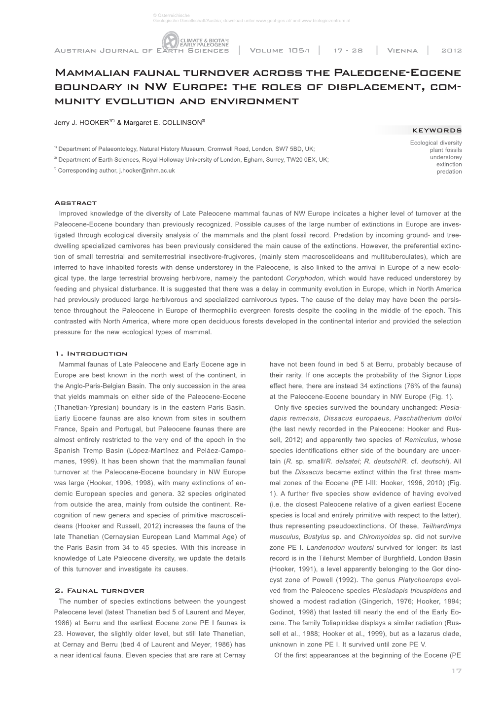 Mammalian Faunal Turnover Across the Paleocene-Eocene Boundary in NW Europe: the Roles of Displacement, Com- Munity Evolution and Environment______