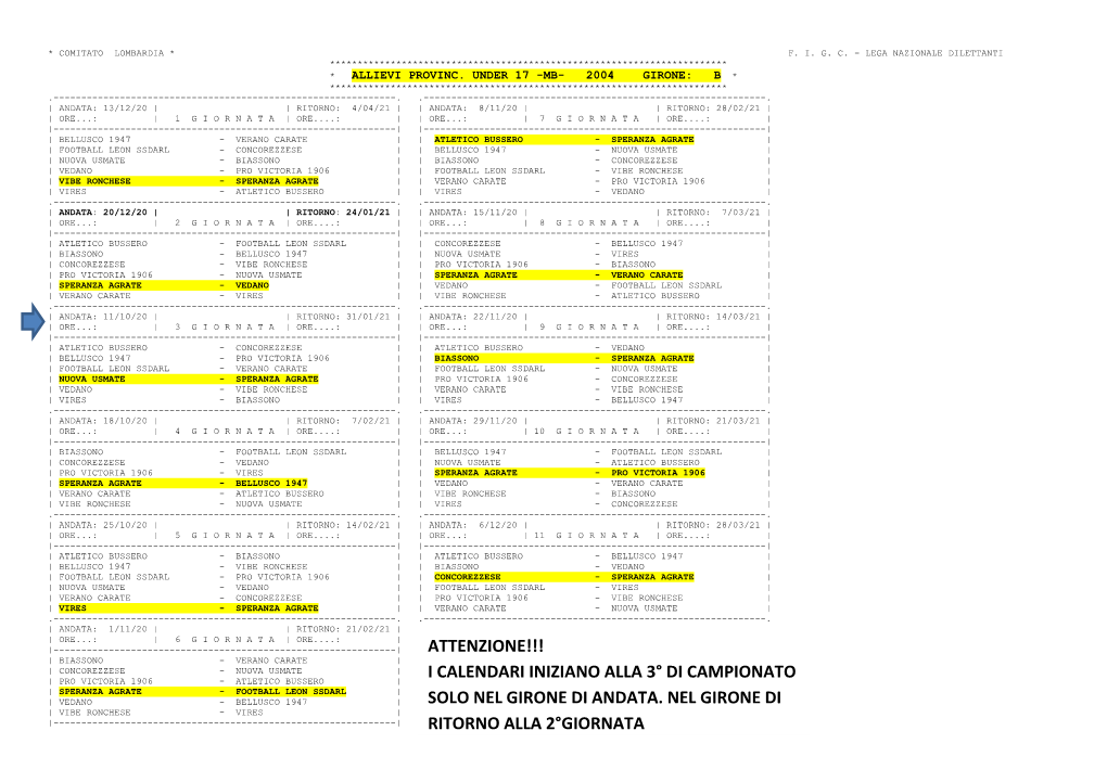 Attenzione!!! I Calendari Iniziano Alla 3° Di