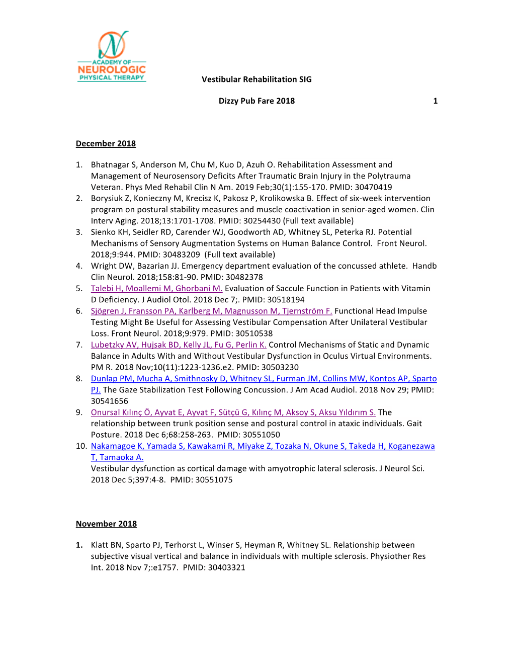 Vestibular Rehabilitation SIG Dizzy Pub Fare 2018 1 December 2018 1