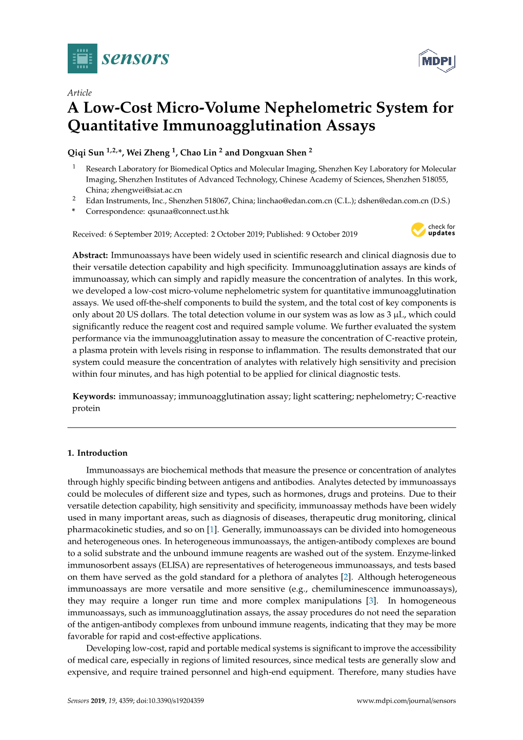 A Low-Cost Micro-Volume Nephelometric System for Quantitative Immunoagglutination Assays