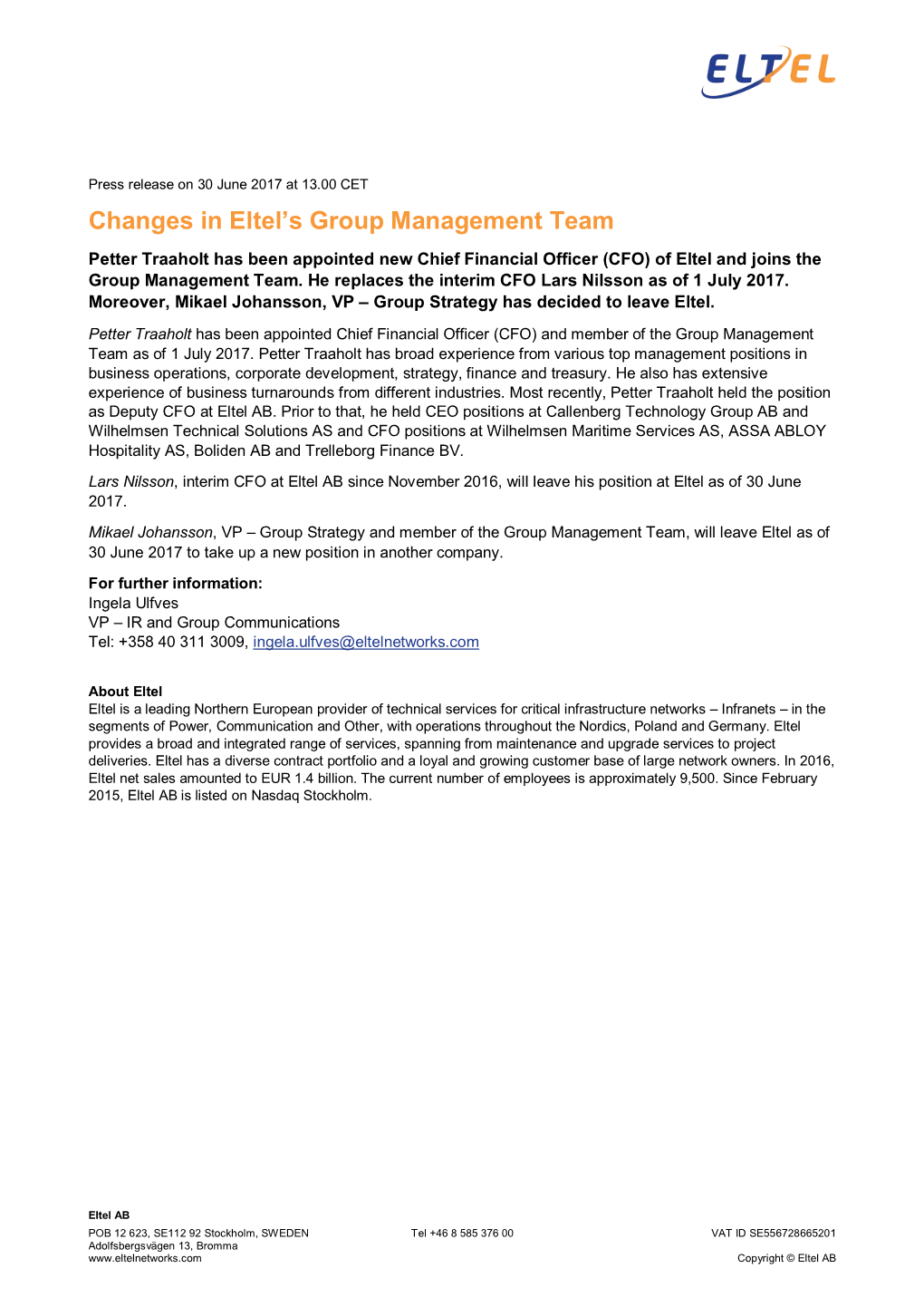 Changes in Eltel's Group Management Team