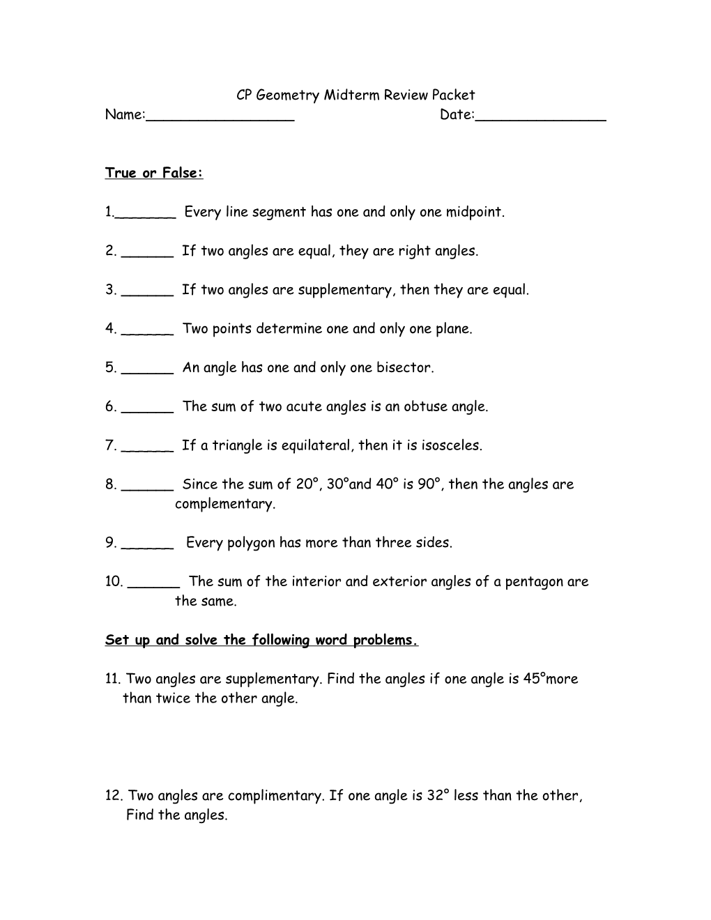 CP Geometry Midterm Review Packet