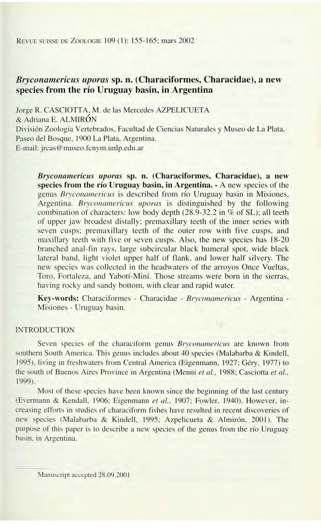 Bryconamericus Uporas Sp. N. (Characiformes, Characidae), a New Species from the Rio Uruguay Basin, in Argentina