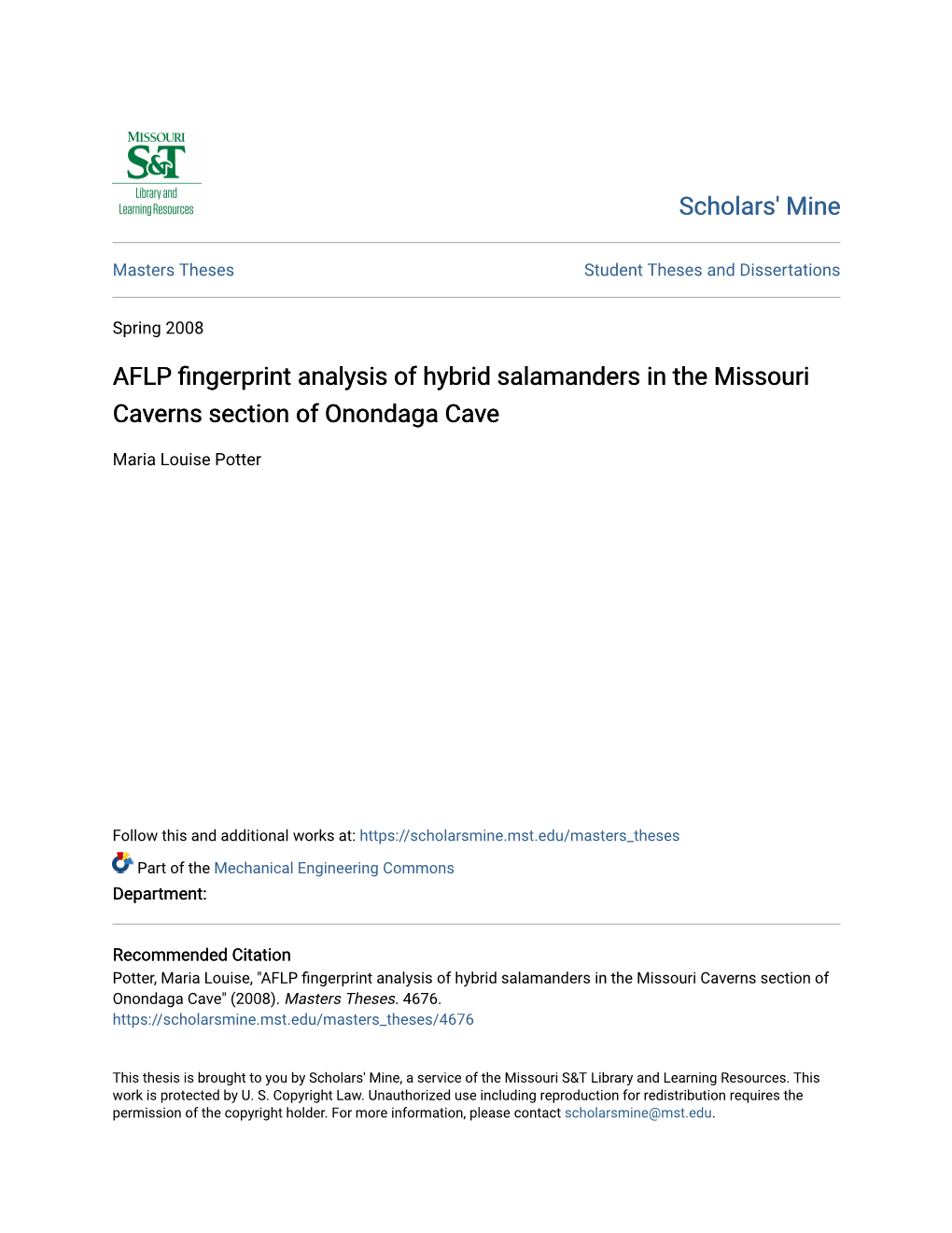 AFLP Fingerprint Analysis of Hybrid Salamanders in the Missouri Caverns Section of Onondaga Cave